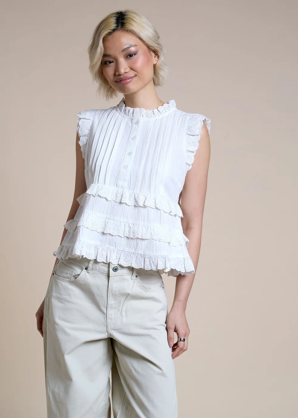 Neon Rose White Ruffle Detail Button Up Blouse - M Image 1