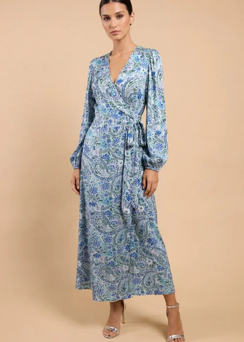 Little Mistress Blue Tropical Print Long Sleeve Wrap Midi Dress - 14 Image 1
