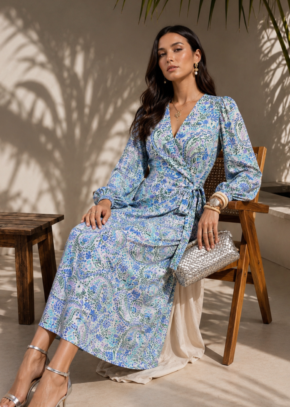 Little Mistress Blue Tropical Print Long Sleeve Wrap Midi Dress - 14 Image 4