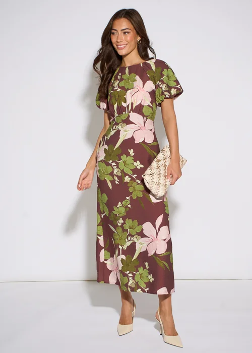 Gini London Brown Floral Puff Sleeves Midi Dress - 12 Image 4