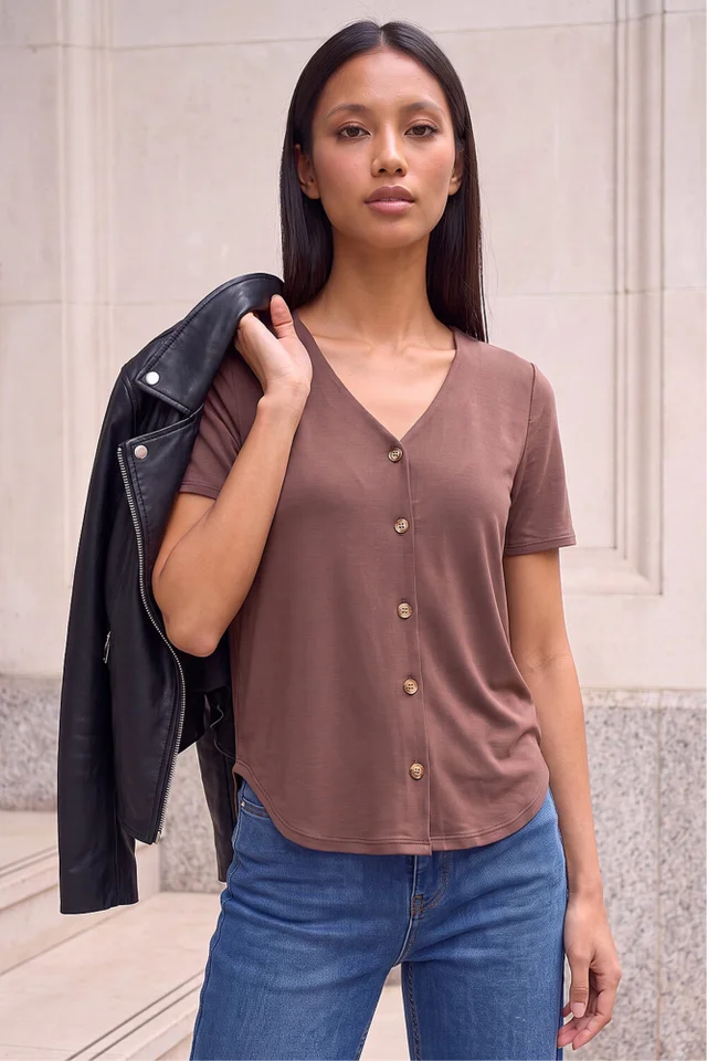 Roman Chocolate Petite V-Neck Buttoned Blouse