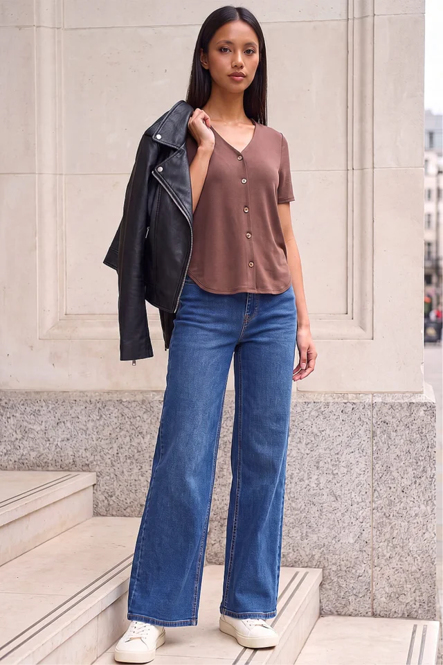 Roman Chocolate Petite V-Neck Buttoned Blouse