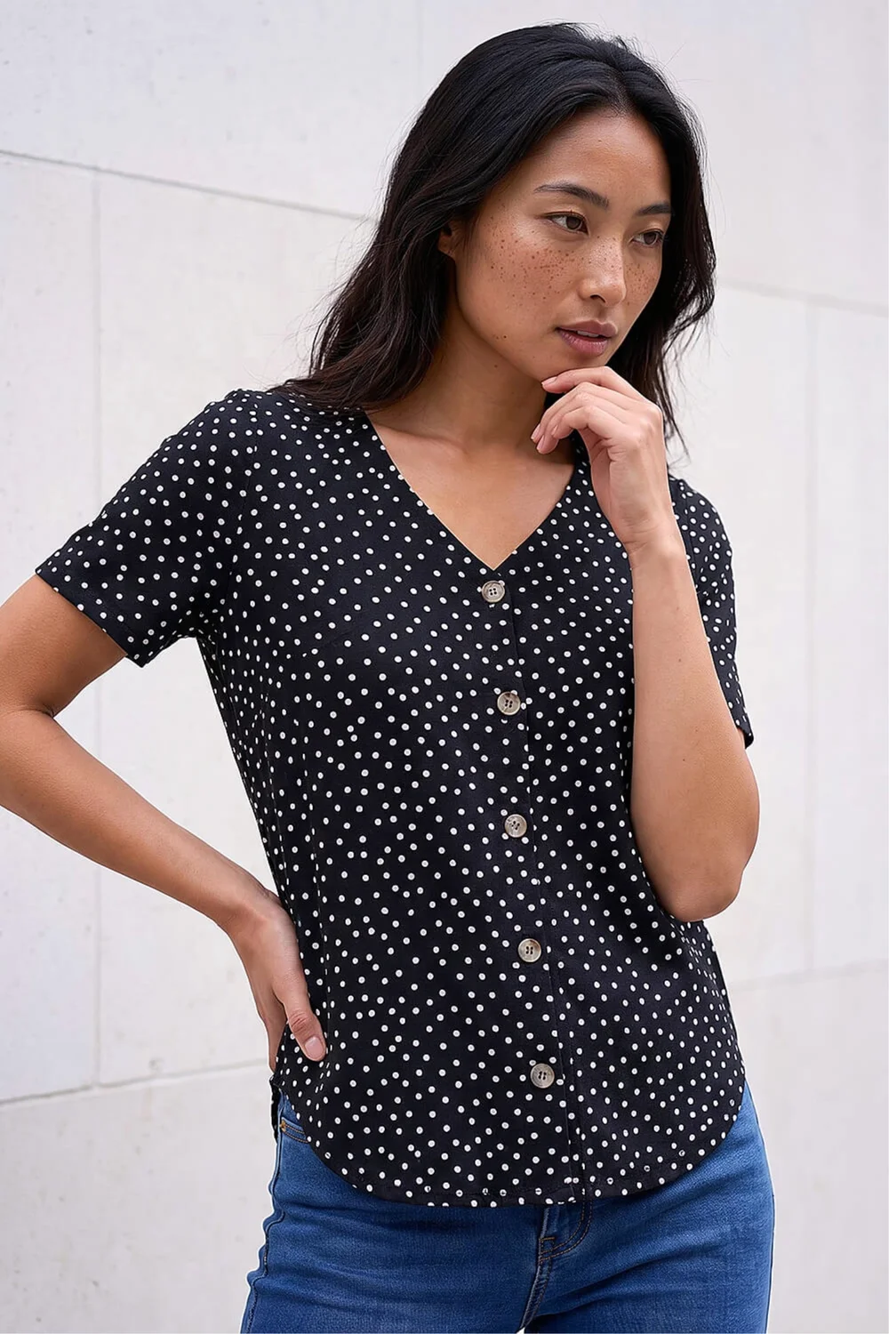 Roman Black Petite Spot V-Neck Blouse - 12 Image 1