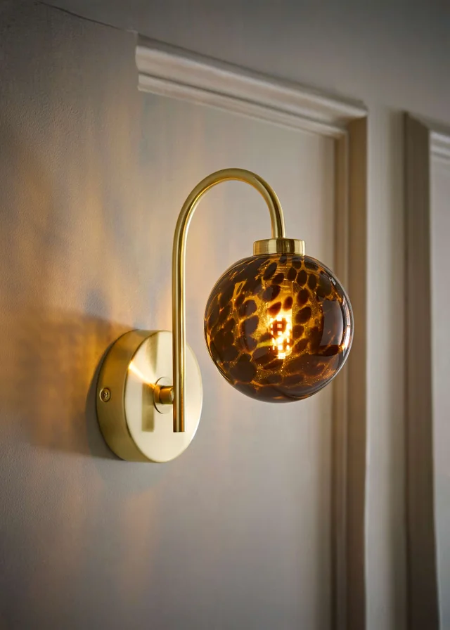 ValueLights Chiara Brushed Gold Leopard Glass Globe Wall Light With Warm White Bulb