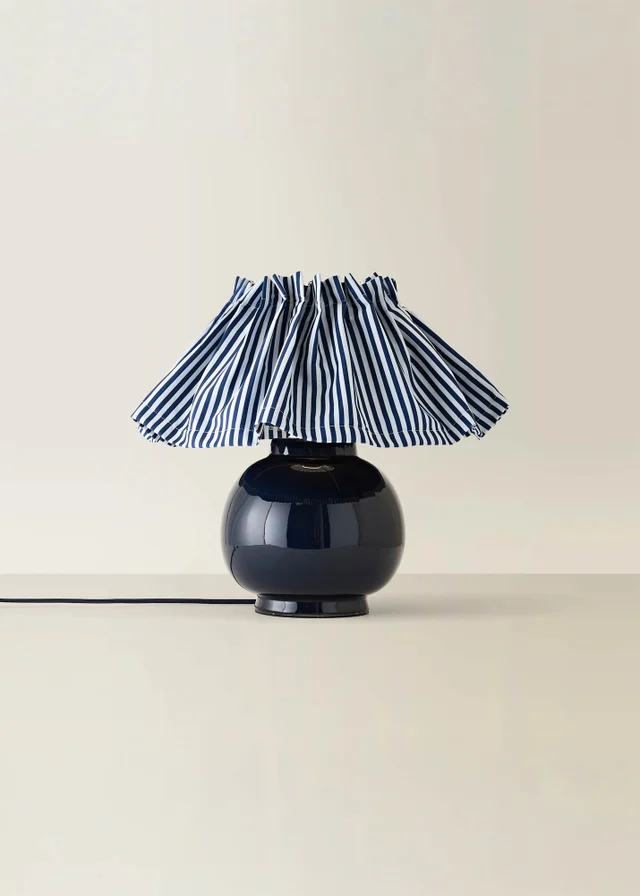 ValueLights Arabella Blue Ceramic Table Lamp With Pinstripe Pleated Shade and Warm White Bulb