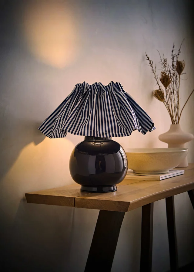 ValueLights Arabella Blue Ceramic Table Lamp With Pinstripe Pleated Shade and Warm White Bulb