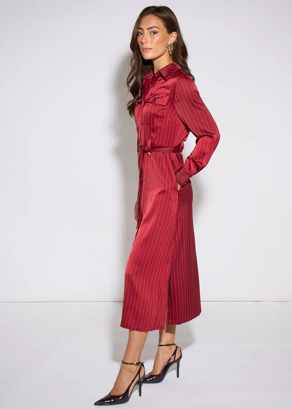 Gini London Mulberry Pinstripe Shirt Utility Belted Shirt Dress - 8 Image 4