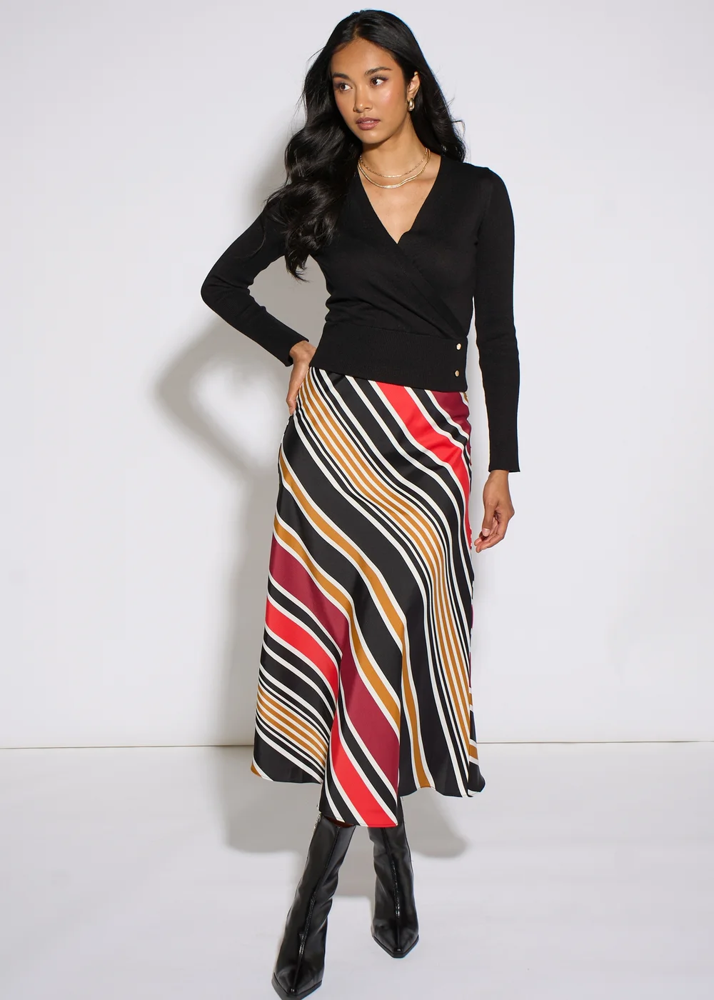 Gini London Black Stripe Satin Biased Midi Skirt - 12 Image 1