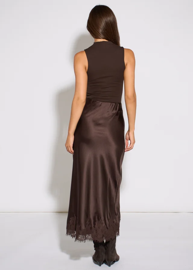 Gini London Brown Contrast Lace Trim Satin Bias Skirt
