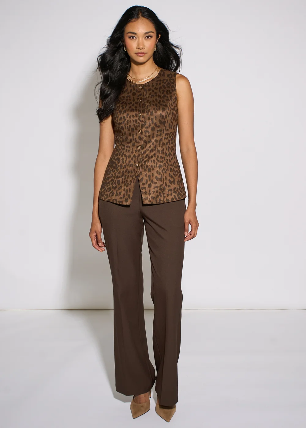 Gini London Brown Animal Print Button Waistcoat Top - 14 Image 2
