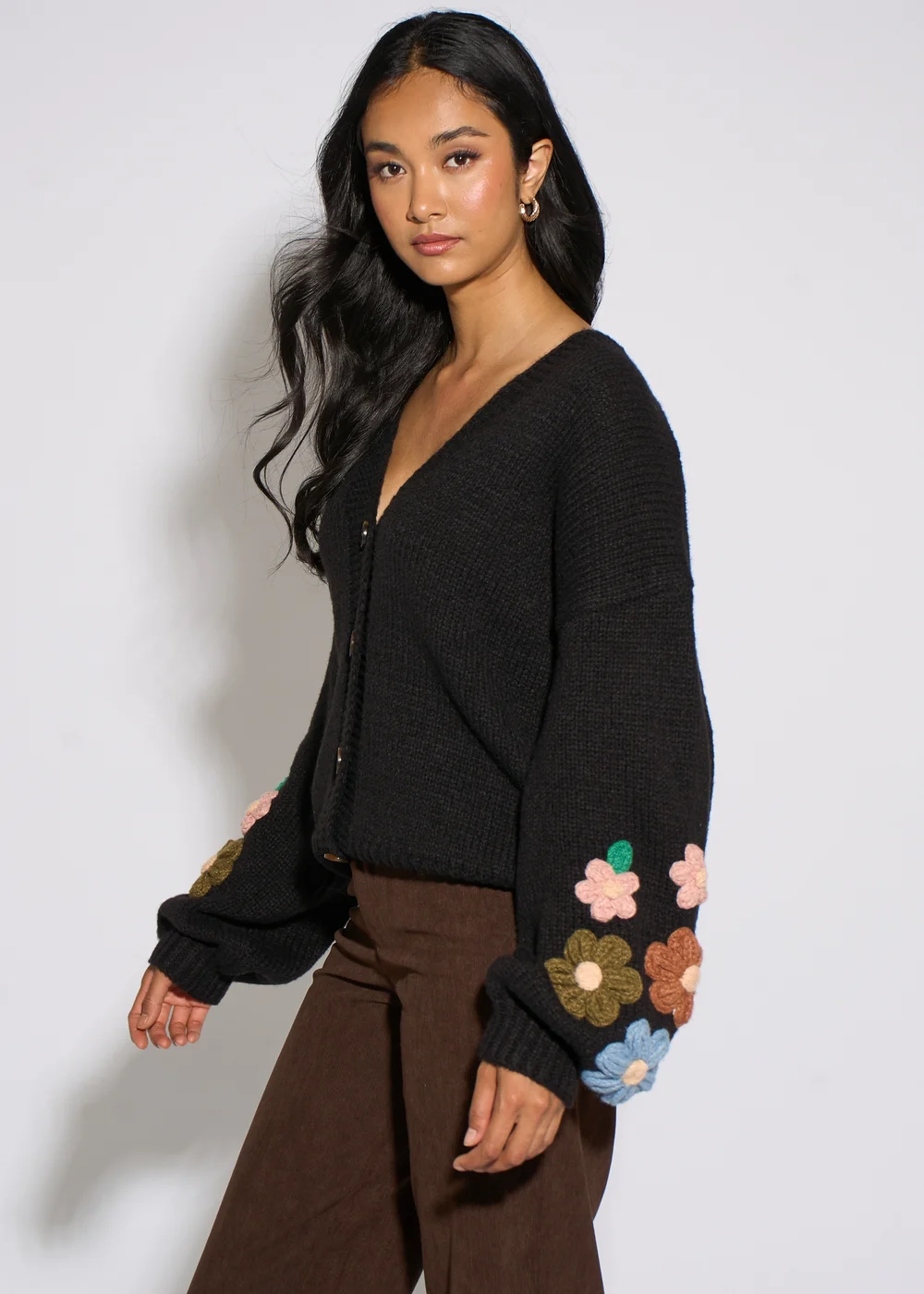 Gini London Black 3D Floral Sleeves Knit Cardigan - S/M Image 4