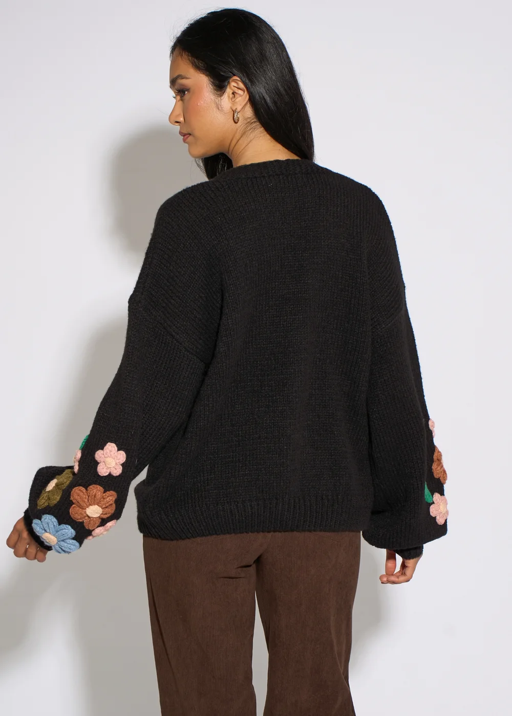 Gini London Black 3D Floral Sleeves Knit Cardigan - S/M Image 2