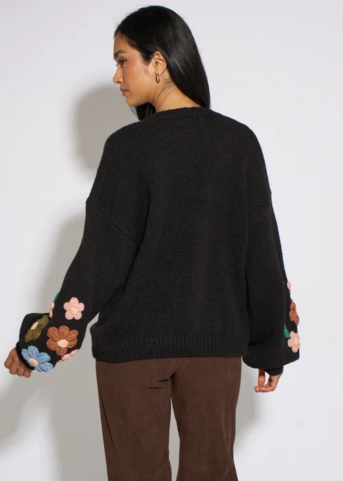 Gini London Black 3D Floral Sleeves Knit Cardigan - S/M Image 2