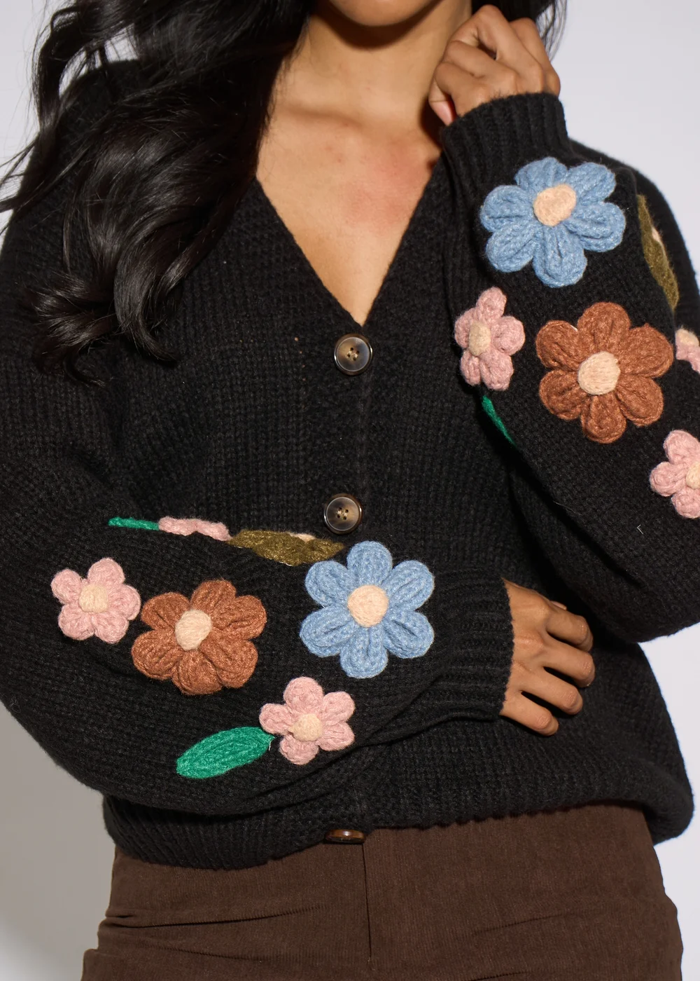 Gini London Black 3D Floral Sleeves Knit Cardigan - S/M Image 3