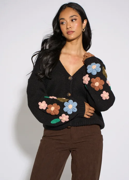 Gini London Black 3D Floral Sleeves Knit Cardigan - S/M Image 1