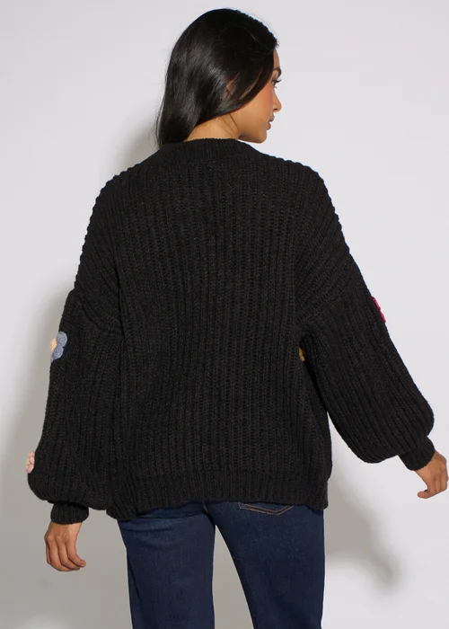 Gini London Black 3D Floral Chunky Knit Cardigan - M/L Image 3