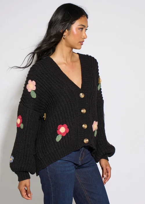 Gini London Black 3D Floral Chunky Knit Cardigan - M/L Image 5