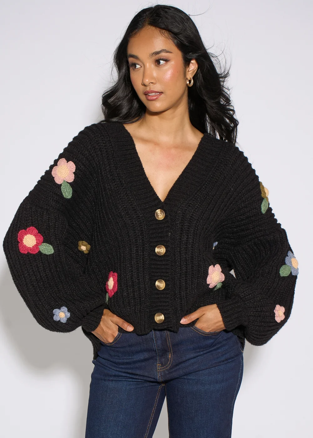 Gini London Black 3D Floral Chunky Knit Cardigan - M/L Image 4