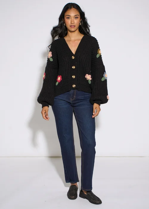 Gini London Black 3D Floral Chunky Knit Cardigan - M/L Image 2