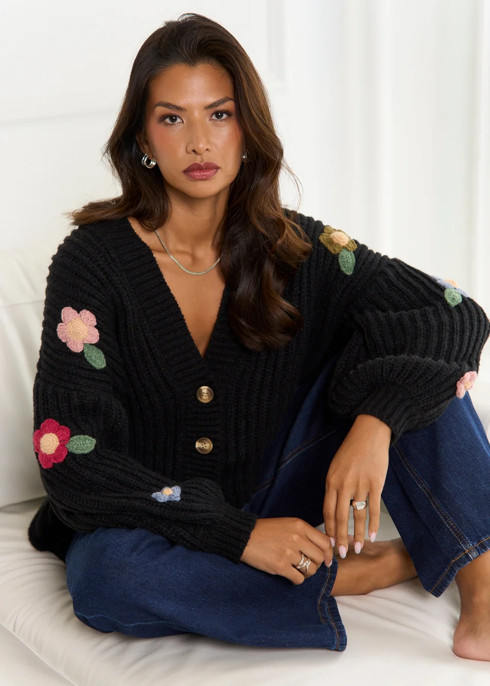Gini London Black 3D Floral Chunky Knit Cardigan - M/L Image 1