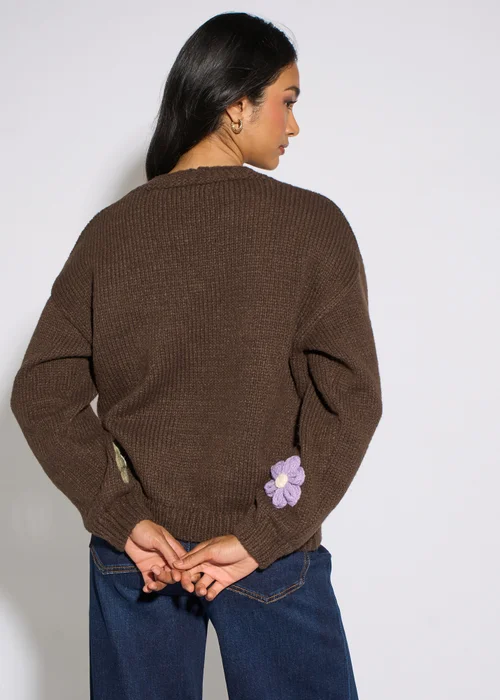 Gini London Brown 3D Floral Long Sleeves Knit Cardigan - L/XL Image 2