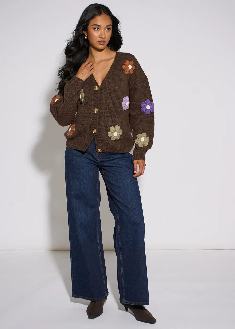 Gini London Brown 3D Floral Long Sleeves Knit Cardigan - L/XL Image 1