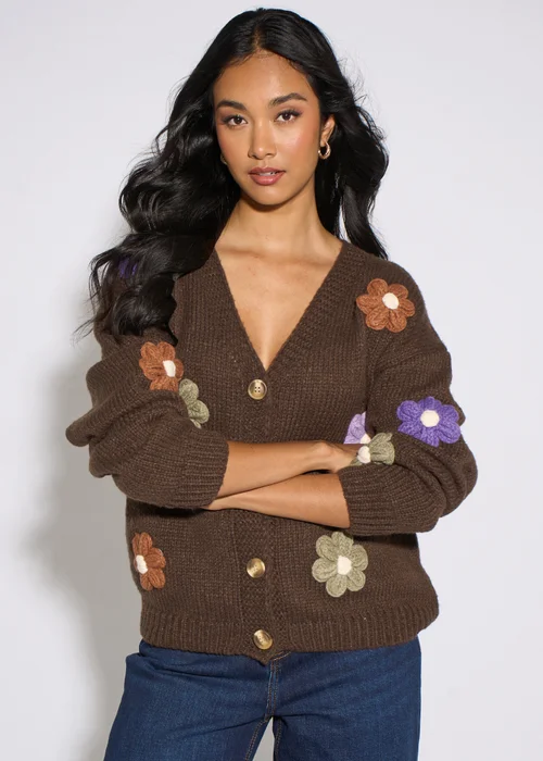 Gini London Brown 3D Floral Long Sleeves Knit Cardigan - L/XL Image 3