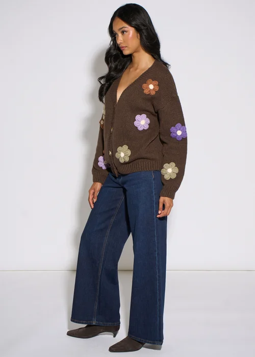 Gini London Brown 3D Floral Long Sleeves Knit Cardigan - L/XL Image 4