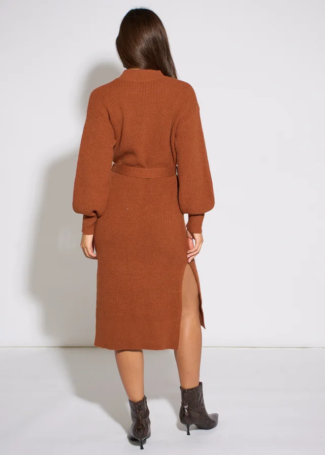 Gini London Tan Belted Knitted Long Sleeves Dress