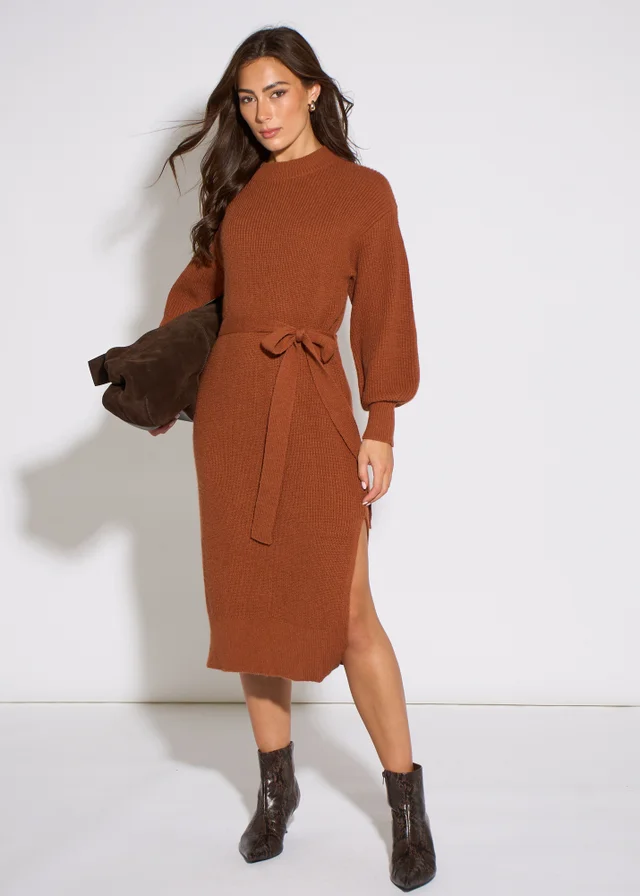 Gini London Tan Belted Knitted Long Sleeves Dress