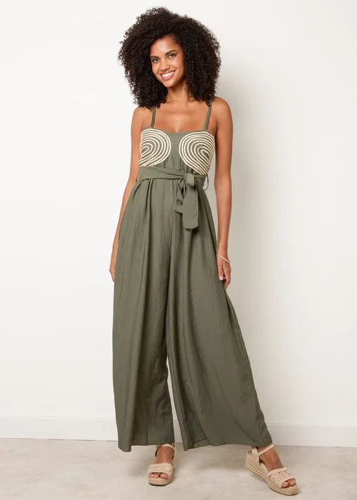 Blue Vanilla Khaki Gold Detailed Embroidered Stitching Jumpsuit - S/M Image 1