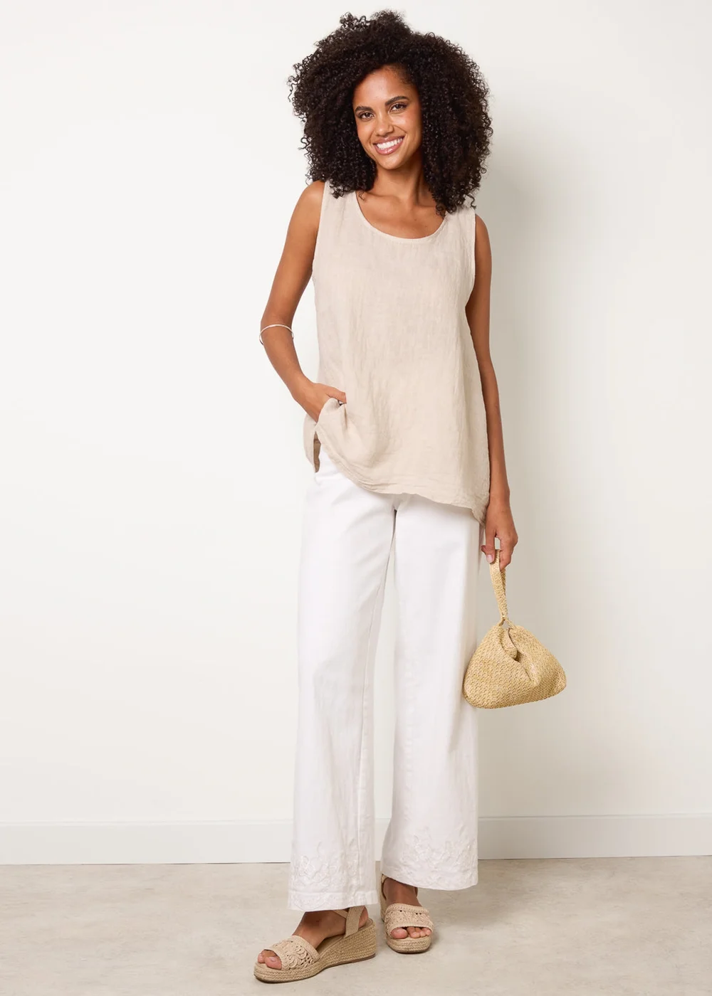 Blue Vanilla Beige Jersey Back Linen Woven Front Sleeveless Top - One Size Image 3