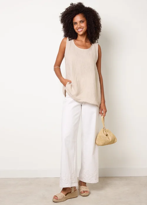 Blue Vanilla Beige Jersey Back Linen Woven Front Sleeveless Top - One Size Image 3