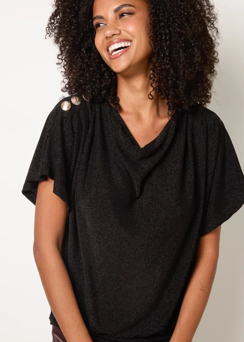Blue Vanilla Black Button Detail Draped Cowl Neck Top - M/L Image 3