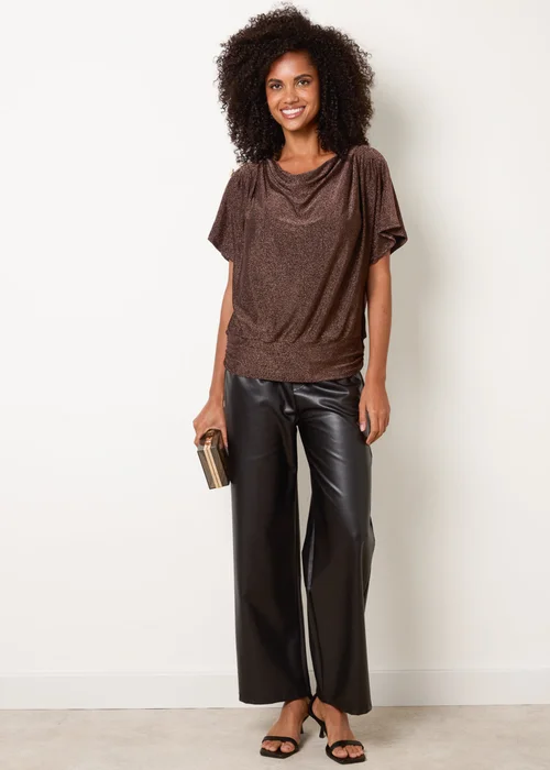 Blue Vanilla Tan Button Detail Draped Cowl Neck Top - S/M Image 2