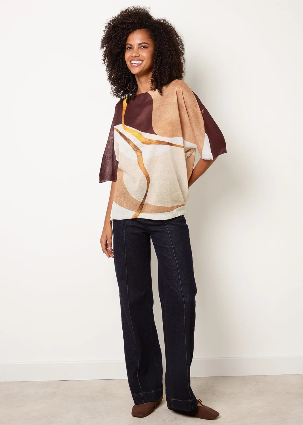 Blue Vanilla Brown Striking Watercolour Fine Knit Abstract Top - One Size Image 2