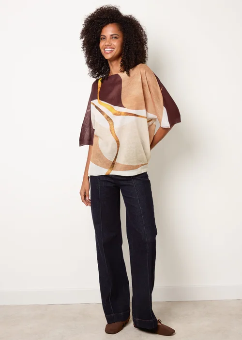 Blue Vanilla Brown Striking Watercolour Fine Knit Abstract Top - One Size Image 2