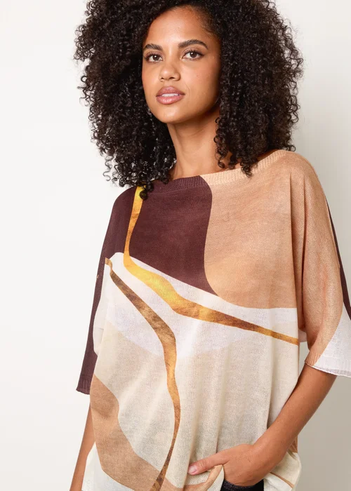 Blue Vanilla Brown Striking Watercolour Fine Knit Abstract Top - One Size Image 3