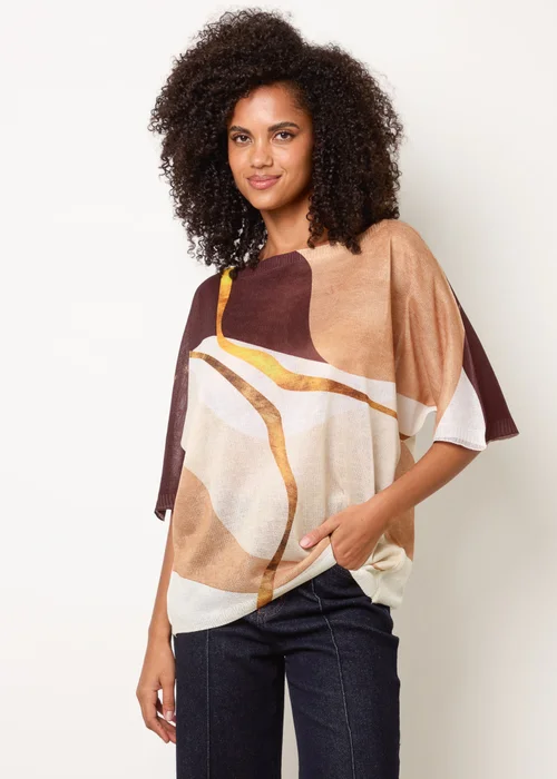 Blue Vanilla Brown Striking Watercolour Fine Knit Abstract Top - One Size Image 1