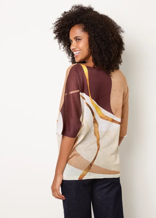 Blue Vanilla Brown Striking Watercolour Fine Knit Abstract Top - One Size Image 4