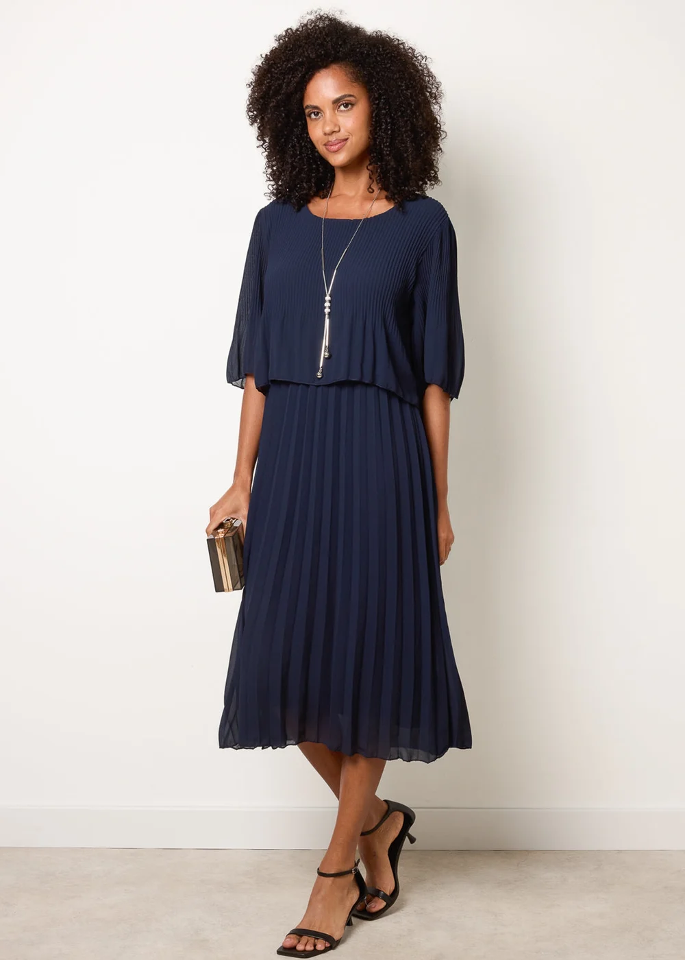 Blue Vanilla Navy Pleated Short Sleeve Dress With Necklace - S/M Image 1