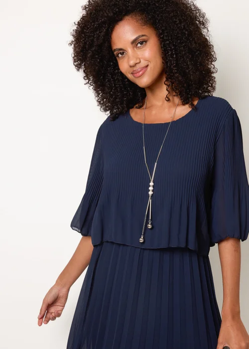 Blue Vanilla Navy Pleated Short Sleeve Dress With Necklace - S/M Image 2