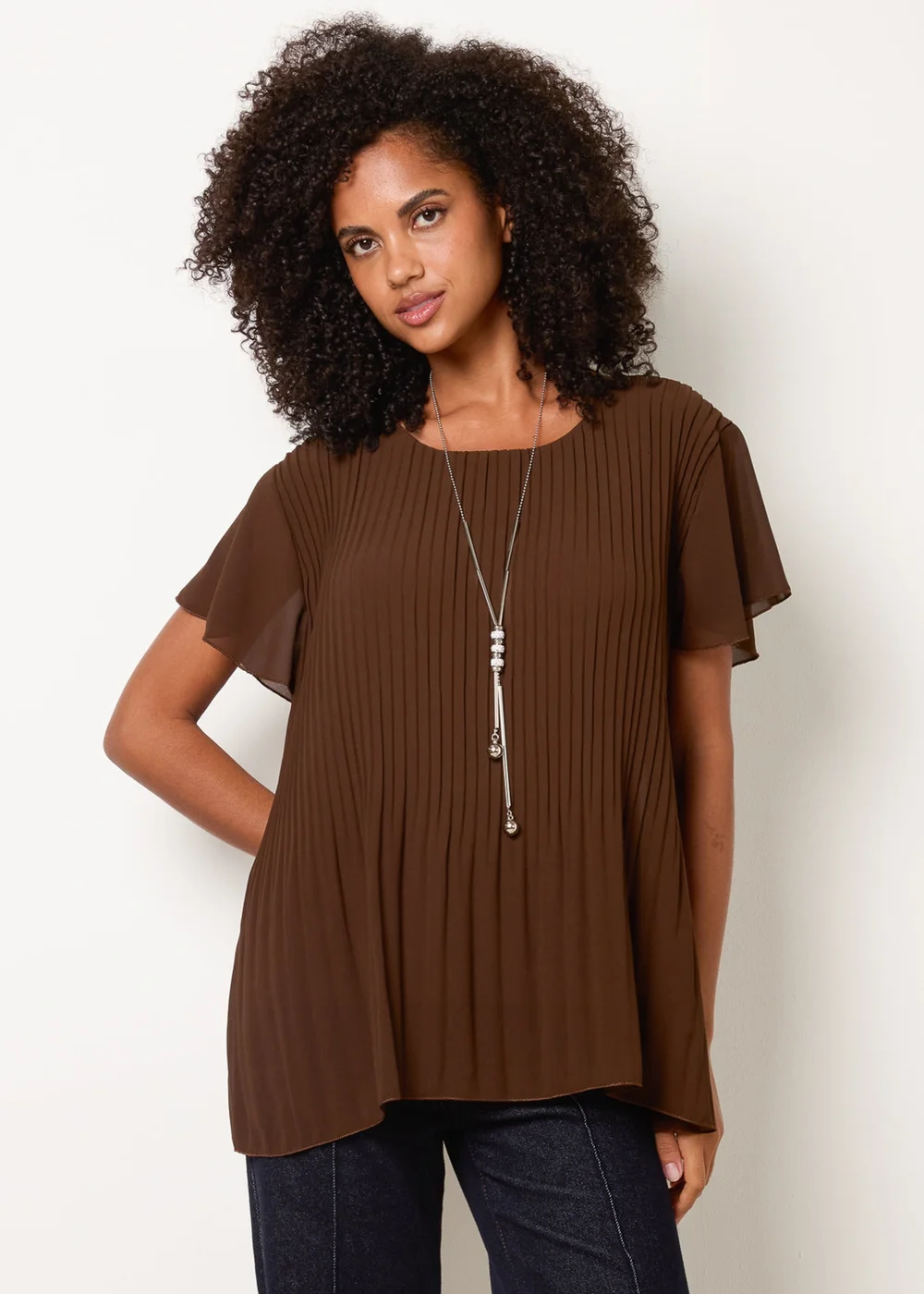 Blue Vanilla Brown Pleated Short Sleeve Top - M/L Image 1