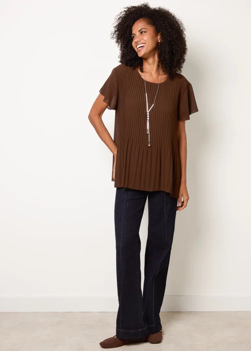 Blue Vanilla Brown Pleated Short Sleeve Top - M/L Image 2