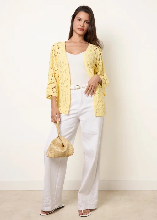 Blue Vanilla Yellow Crochet Tie Front Cardigan - M/L Image 1