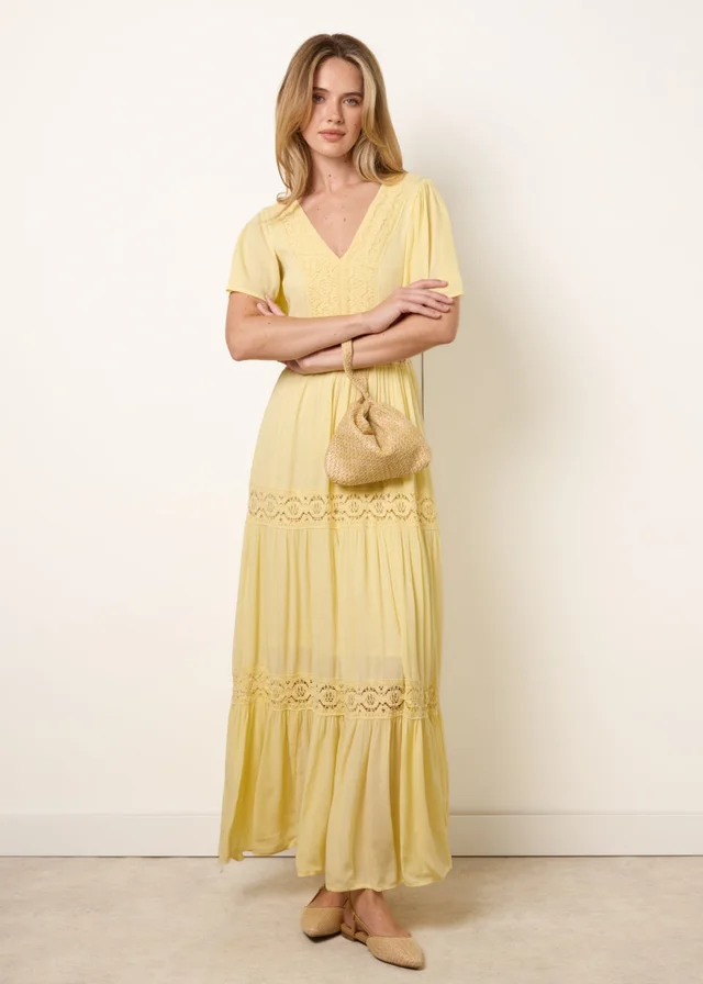 Blue Vanilla Yellow V-Neck Tiered Crochet Detail Maxi Dress