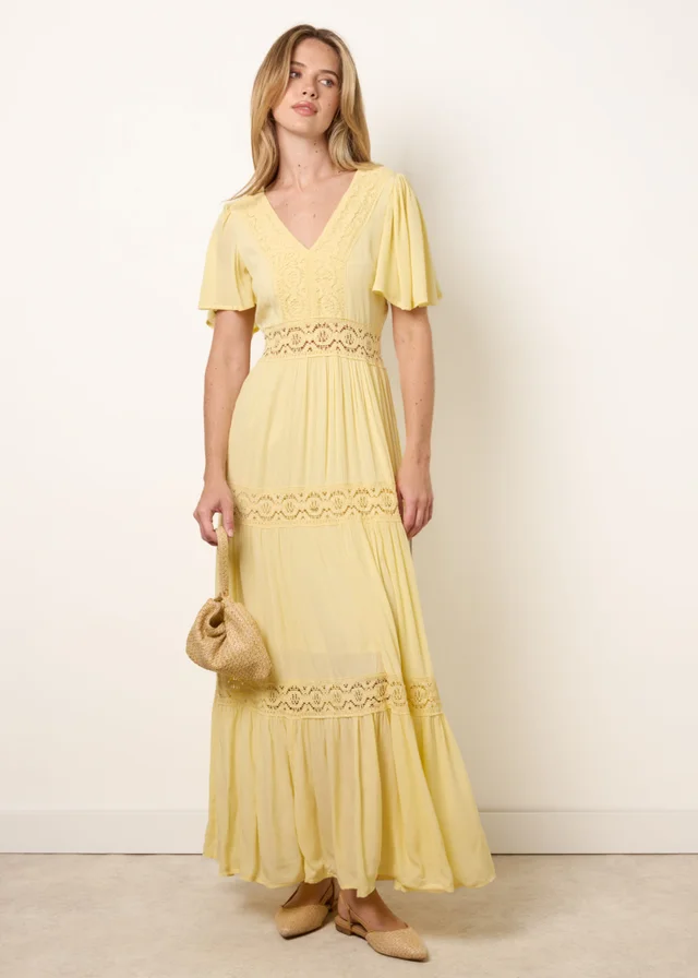 Blue Vanilla Yellow V-Neck Tiered Crochet Detail Maxi Dress
