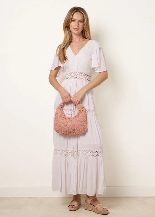 Blue Vanilla Ivory V-Neck Tiered Crochet Detail Maxi Dress