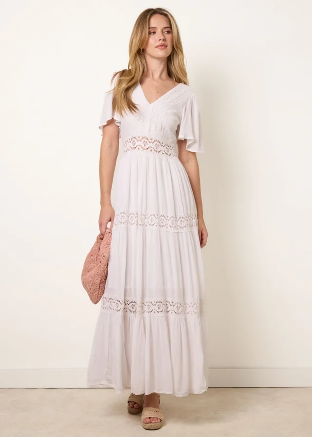 Blue Vanilla Ivory V-Neck Tiered Crochet Detail Maxi Dress