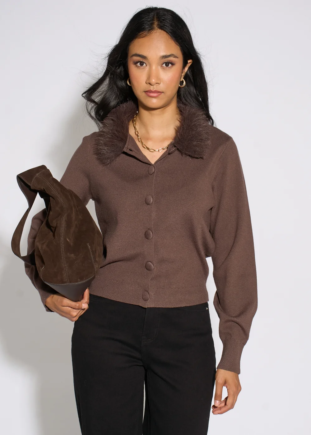 Gini London Brown Fur Trim Cardigan - 16 Image 3